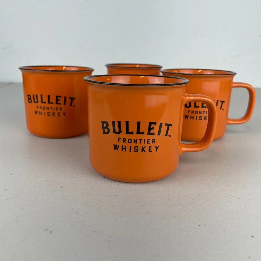 Bulleit Frontier Whiskey Mugs Cups Set of 4 Ceramic Orange Distillery Liquor